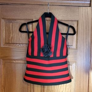 Veronique Young Halter Top Black & Red Striped  (Fits like size 4-6)